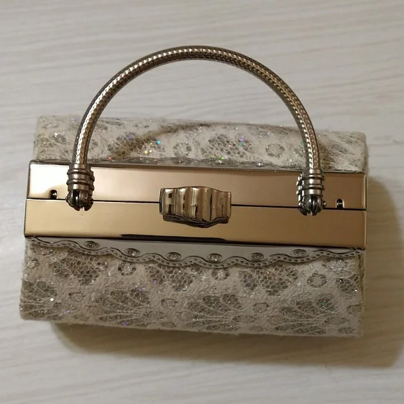 Wedding/Prom Clutch Bag with Corded White Lace, Rhinestones & Iridescent Sequins - Picture 3 of 8